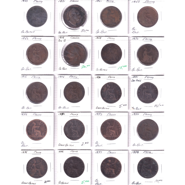 Group Lot of 48x Great Britain 1825-1970 Pennies, All Different Dates. 48pcs