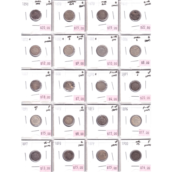 5-cent 1858-1900 Collection in 20-Pocket Sheet. 20pcs.