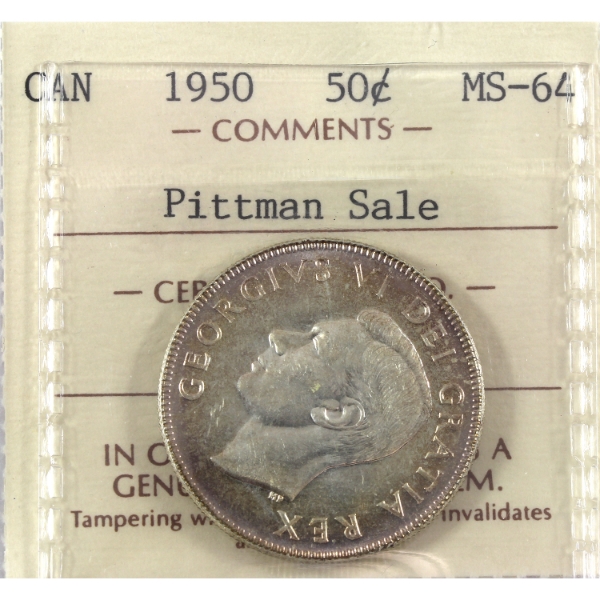 50-cent 1950 ICCS MS64 Pittman Sale 