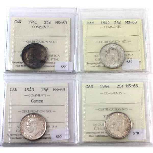 25-cent 1941, 1942, 1943 Cameo & 1944 ICCS MS63. 4pcs. 