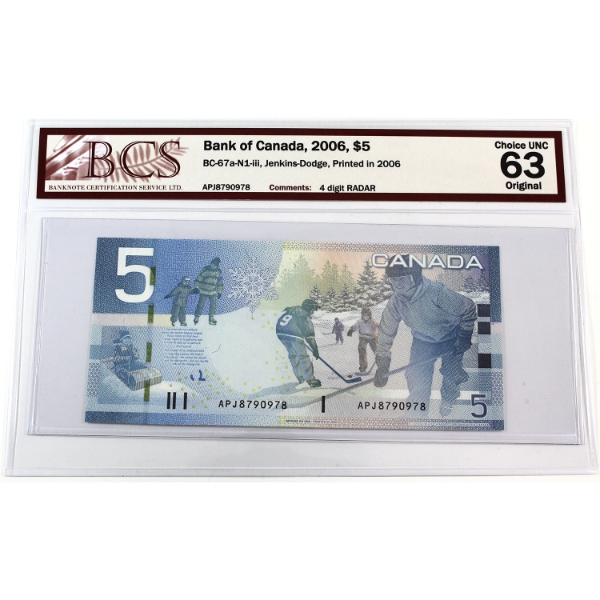 RADAR BC-67a-N1-iii 2006 $5 4 Digit RADAR BCS CUNC63 Original Jenkins-Dodge, Printed in 2006 