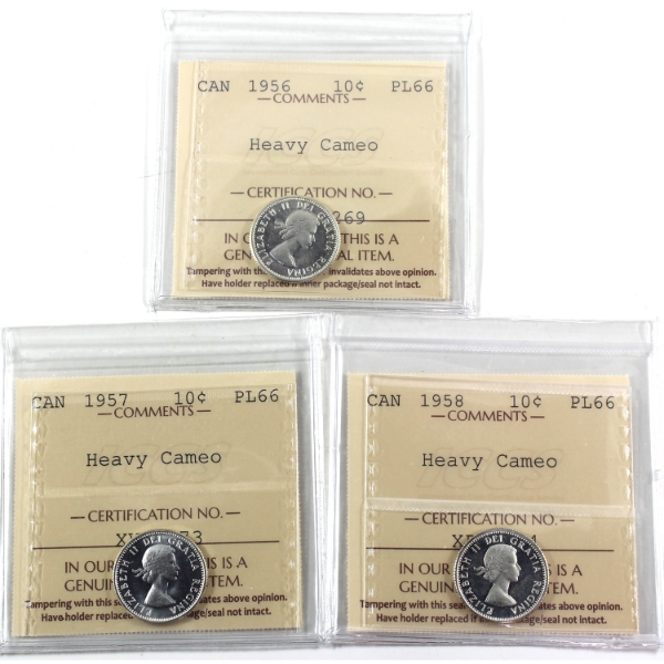 10-cent 1956, 1957, & 1958 ICCS PL66 HC. 3pcs