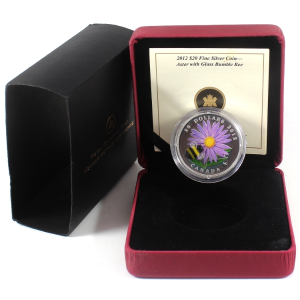 2012 $20 Aster & Bumblebee 1oz .9999 Fine Silver Coin w/ Ventian Glass (Tax Exempt)