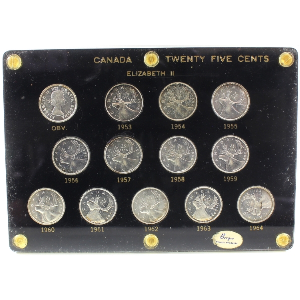 1953-1964 25-cent Elizabeth II 13-coin set in Vintage Acrylic Holder