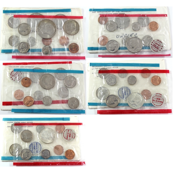 USA 1969-1974 Uncirculated Mint State Sets in Original Envelopes. 5pcs.