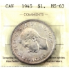 Silver $1 1945 ICCS MS63. Beautiful Coin with Mild Burgundy Tones