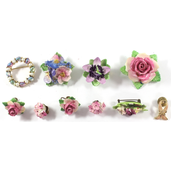 Group Lot of 9x Flower Themed Coloured Enamel Brooches, Pins, & Clip-On Earrings. 9pcs.