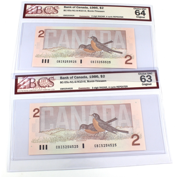 Pair of BC-55c-N1-iii-N10-iii 1986 $2 3 Digit RADAR, 4 Cycle REPEATER BCS CUNC63 & CUNC64 Original 