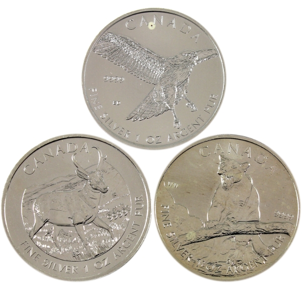 3x 1oz 2012-2015 $5 Wildlife .9999 Fine Silver Coins. 3pcs. (Tax Exempt)