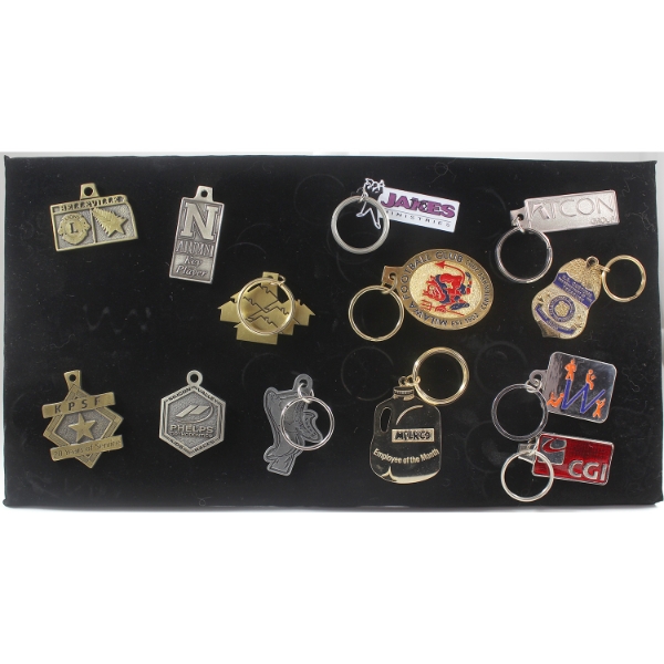 Unique Collection of 14x Assorted Keychains & Memorabilia Glued onto Display Board. 14pcs