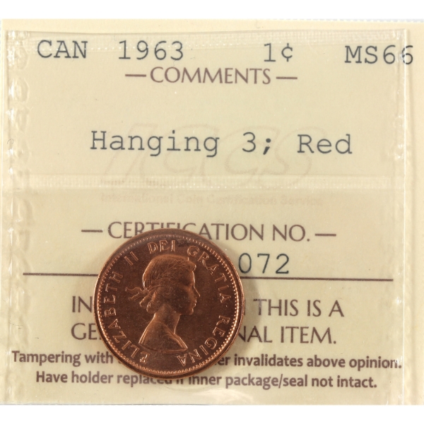 1-cent 1963 Hanging 3 ICCS MS66 Red