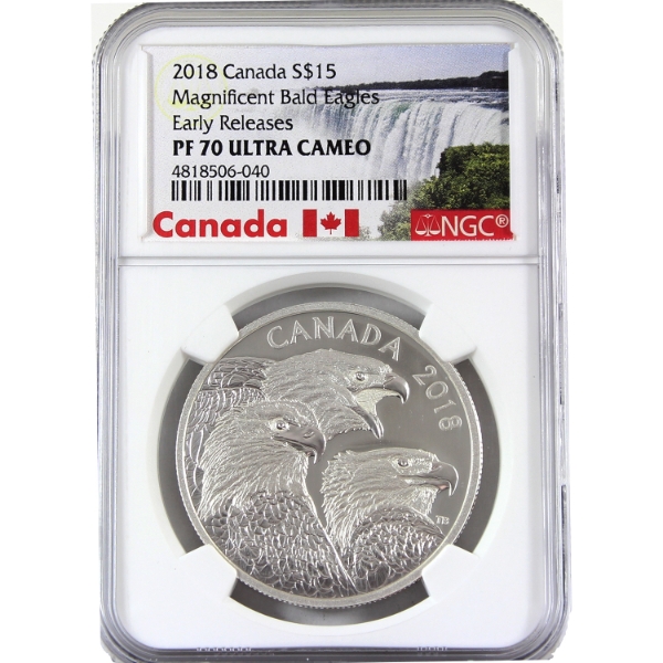 2018 $15 Magnificent Bald Eagles Early Releases NGC PF70 Ultra Cameo Fine Silver Coin (Tax Exempt)