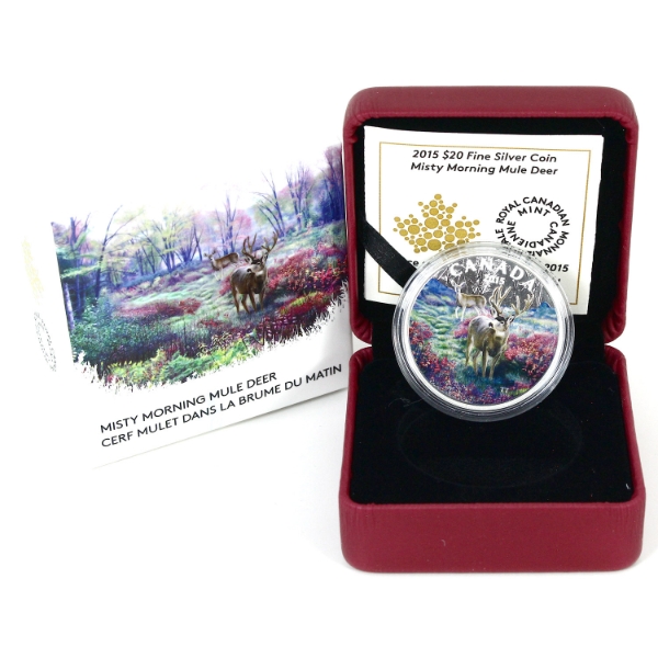 2015 $20 Misty Morning Mule Deer 1oz .9999 Fine Silver Coin (Tax Exempt)