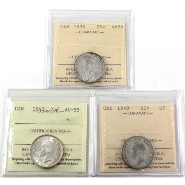 25-cent 1935 VF20, 1942 AU55 & 1948 G6 ICCS. 3pcs.