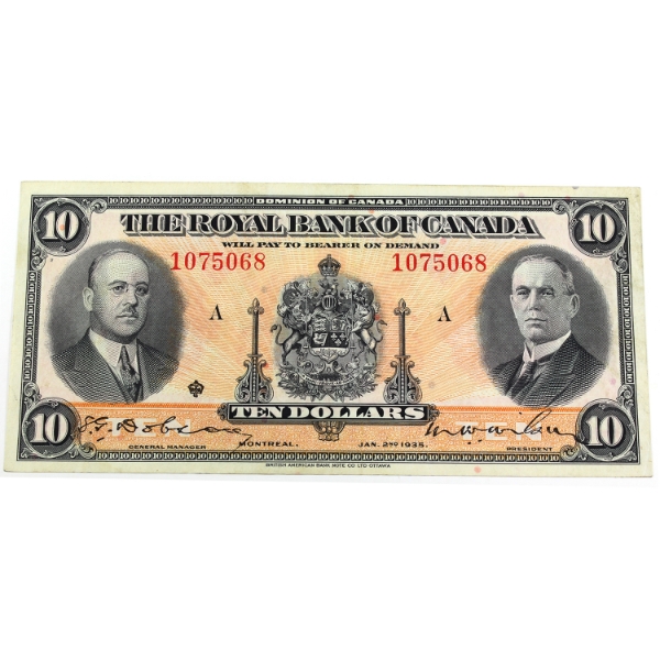 630-18-04a 1935 $10 Royal Bank of Canada Large Signatures EF-AU Dobson-Wilson Check Letter A