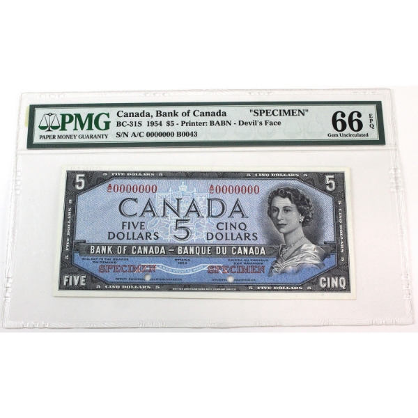 BC-31S 1954 $5 Devil's Face Specimen PMG GEM UNC66 EPQ SN: A/C0000000 #B0043