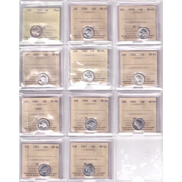 Bulk Lot of 10-cent 1958-1967 MS63 to PL64 in 12-Pocket Sheet. 11pcs. 
