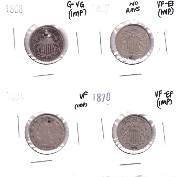 Group Lot of USA 1867-1884 5-cent VG-VG to VF-EF (Impaired). 4pcs.