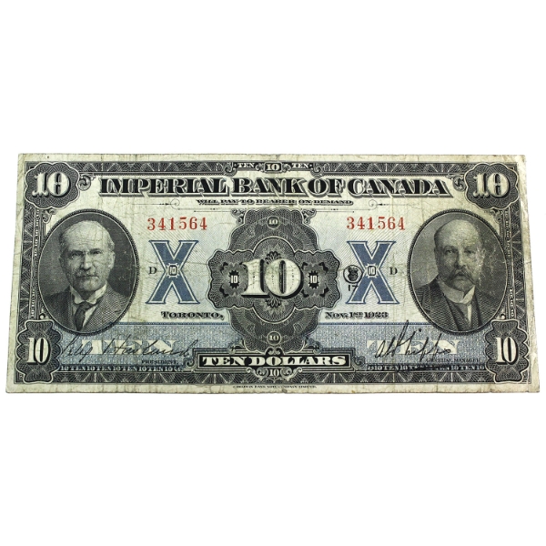 375-18-06 1923 $10 Imperial Bank of Canada VG SN: 341564 Check Letter D