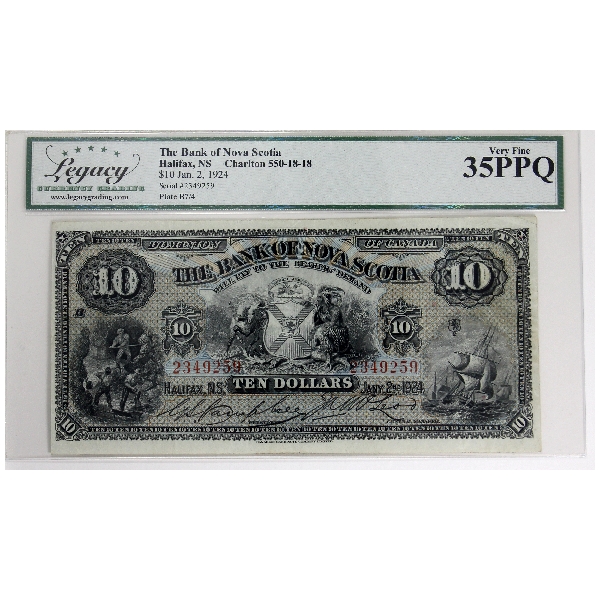 550-18-18 1924 $10 Bank of Nova Scotia Legacy VF35 PPQ G.S. Campbell- J.A. McLeod SN: 2349259 ppB