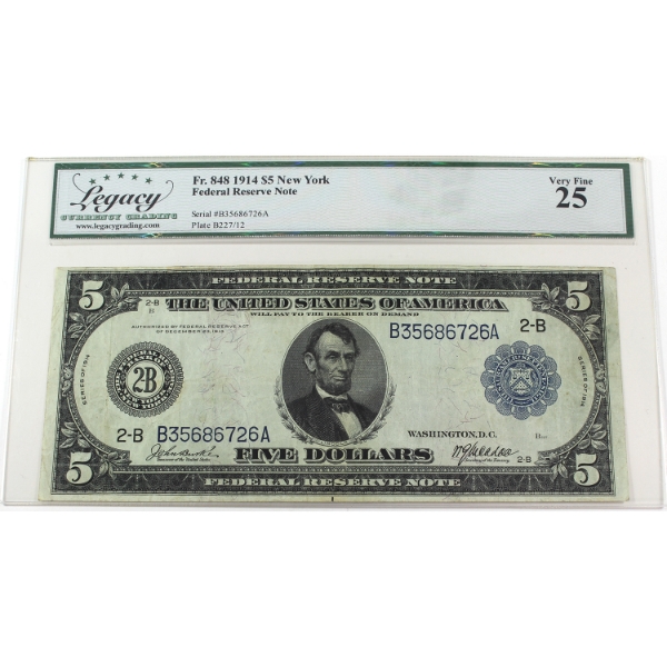 USA 1914 FR-848 New York $5 Legacy VF25 Burke-McAdoo SN: B35686726A
