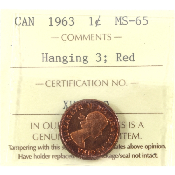 1-cent 1963 Hanging 3 ICCS MS65 Red