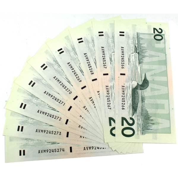 9x BC-58b-i 1991 $20 Consecutive AU-UNC Bonin-Thiessen SN: AVM9245266-"74. 9pcs.