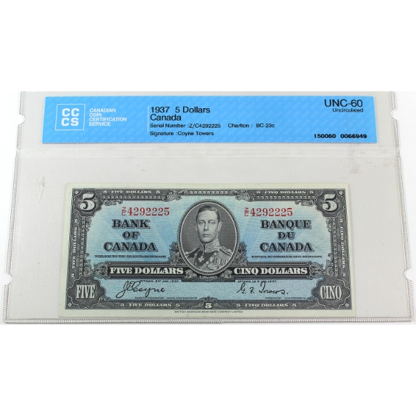 BC-23c 1937 $5 CCCS UNC60 Coyne-Towers SN: Z/C4292225