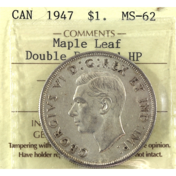 Silver $1 1947 Maple Leaf; 2xHP ICCS MS62