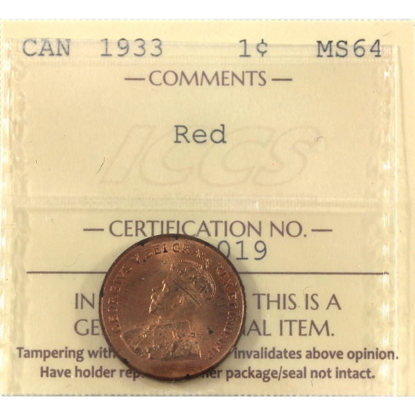 1-cent 1933 ICCS MS64 Red