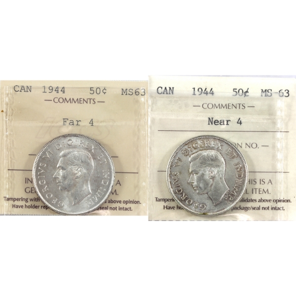 50-cent 1944 Near 4 & Far 4 ICCS MS63. 2pcs