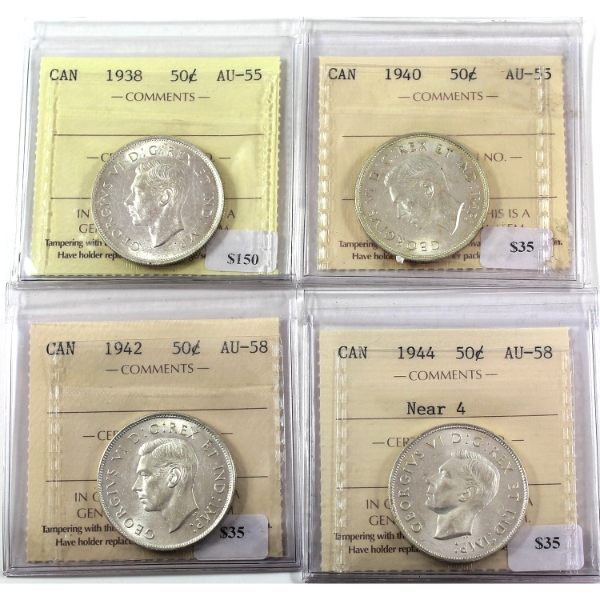 50-cent 1938 AU55, 1940 AU55, 1942 AU58 & 1944 Near 4 AU58 ICCS. 4pcs