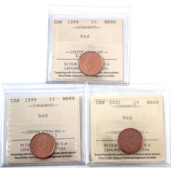 1-cent 1998, 1999 & 2001 ICCS MS66 Red. 3pcs. 
