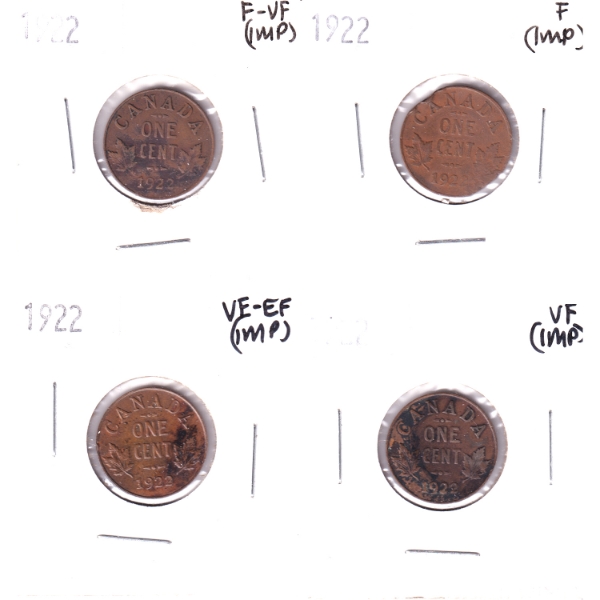 1-cent 1922 F to VF-EF. (Impaired) 4pcs.