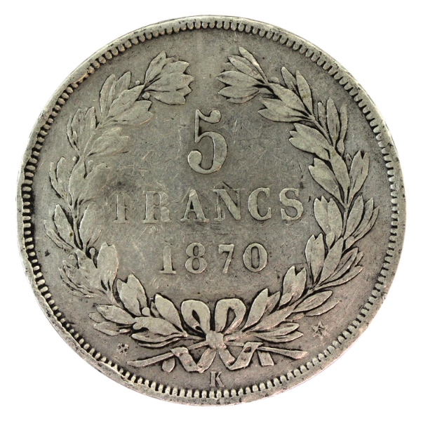 France Silver 1870K 5 Francs M/Star VF