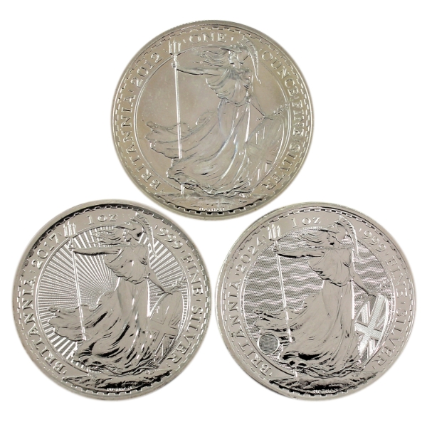 3x 1oz 2012, 2017 & 2024 2 Pounds Britannia .999 Fine Silver. 3pcs (Tax Exempt)