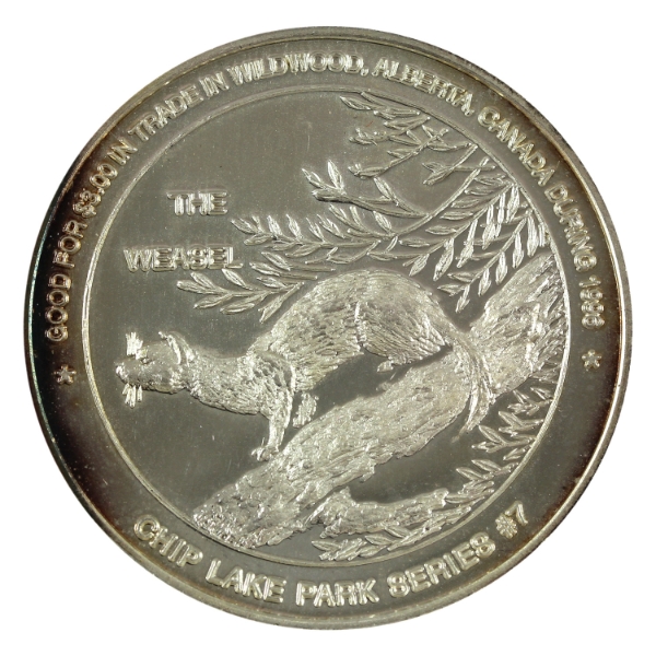 Canada-Wildwood AB 1996 $3 The Weasel/Elk Trade Dollar 1oz-Silver, 38mm (Tax Exempt)