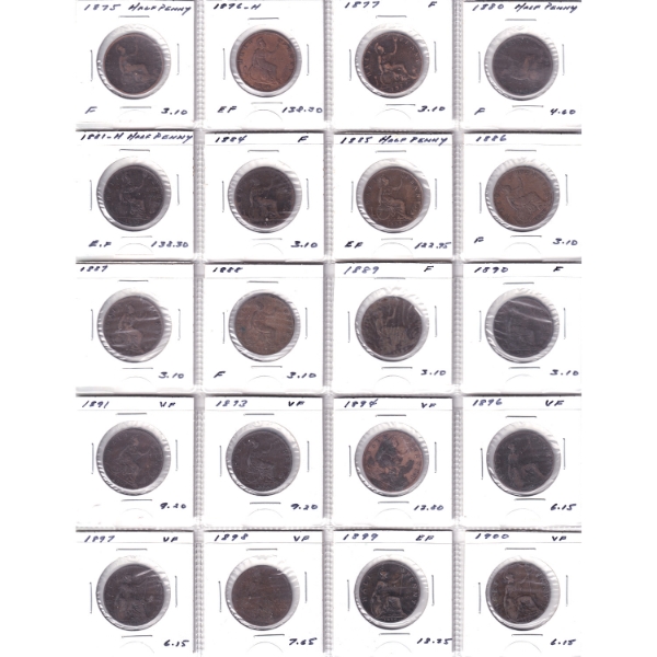 Great Britain Half Penny Tokens 1860-1936 F to EF in 20-Pocket Sheets. 64pcs.