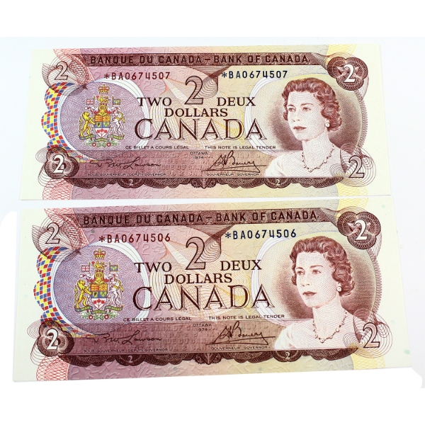 2x BC-47aA 1974 $2 *BA Replacement Notes in Sequence UNC or Better Lawson-Bouey. 2pcs