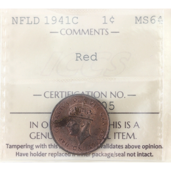 Newfoundland 1-cent 1941C ICCS MS64 Red