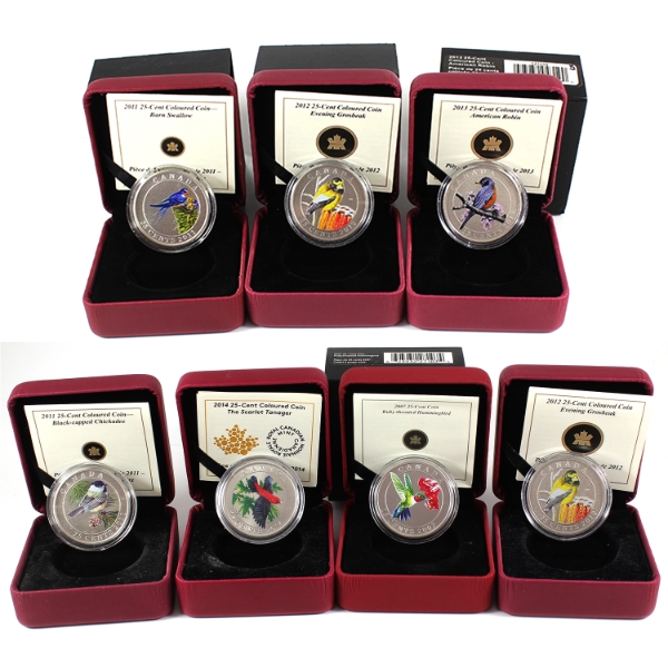 Bulk Lot of 2007-2014 25-cent Birds of Canada Coins w/ Selective Colour. 7pcs.