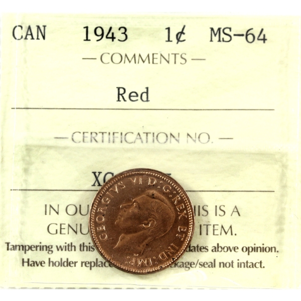 1-cent 1943 ICCS MS64 Red