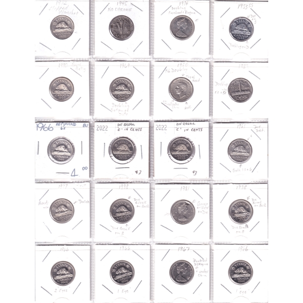 Bulk Lot of 5-cent 1940-2022 Varieties & Errors in 20-Pocket Sheets. 39pcs.