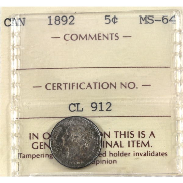 5-cent 1892 ICCS MS64