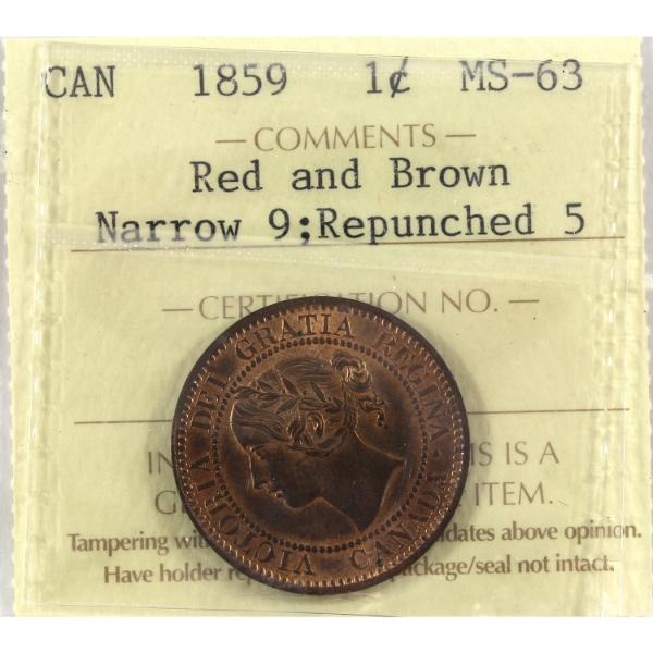 1-cent 1859 N9 Repunched 5 ICCS MS63 Red & Brown