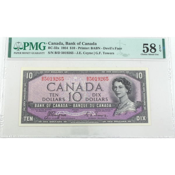 BC-32a 1954 $10 Devil's Face PMG Choice AU58 EPQ Coyne-Towers SN: B/D5019265