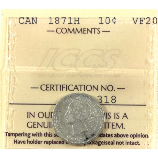 10-cent 1871H ICCS VF20