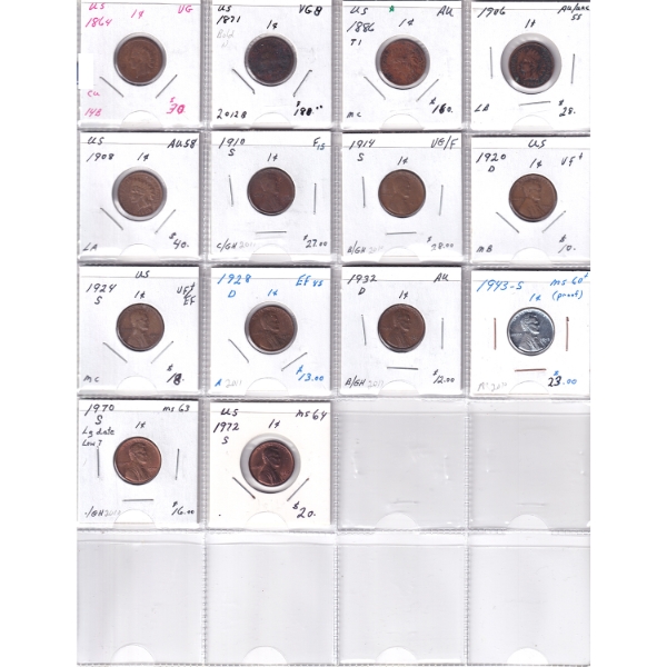 Bulk Lot of USA 1-cent 1864-1972 VG to MS64 in 20-Pocket Sheet. 14pcs.