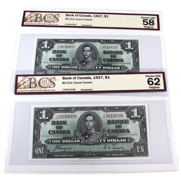 BC-21d 1937 $1 Consecutive BCS CUNC62 & AU58 Original Coyne-Towers SN:J/N3010036 &SN:J/N3010037