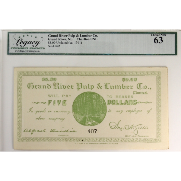 Grand River Pulp & Lumber Co. ND (c.1911) $5 Grand River NL Legacy CUNC63 SN: 407